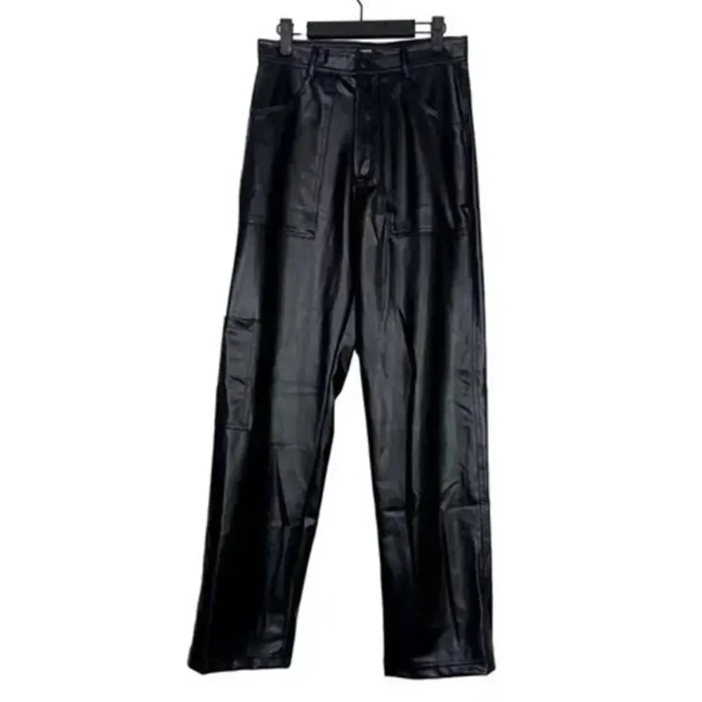 ZARA Wide Leg High Rise Faux Leather Edgy Moto Biker Full Length Pants M Black - Picture 13 of 16
